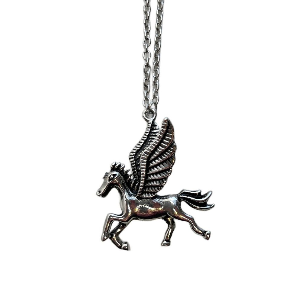 Mythical Flying Pegasus 3D Pendant Necklace Antique Silver Tone